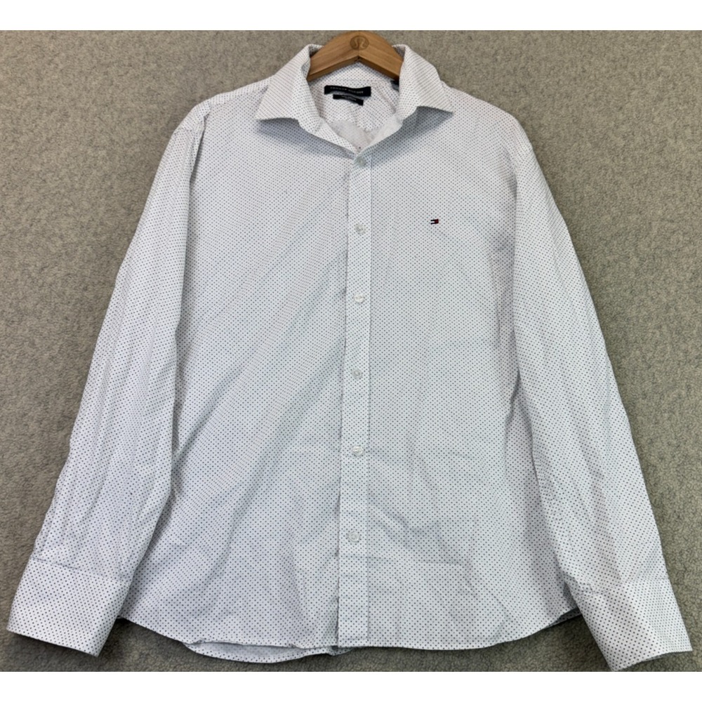 Tommy Hilfiger Mens Dress Shirts White Micro Ditsy Printed Classic Slim Fit L